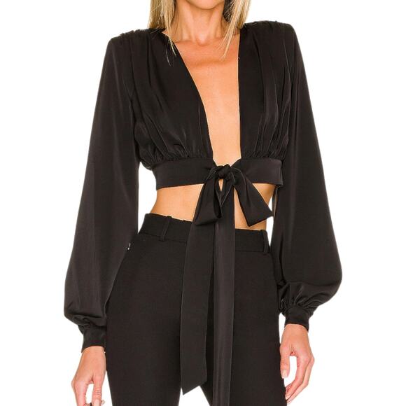 NBD Tops - NBD Imogen Top Black Satin Cropped Wrap Deep V Tie Blouson Sleeve Padded S Twee